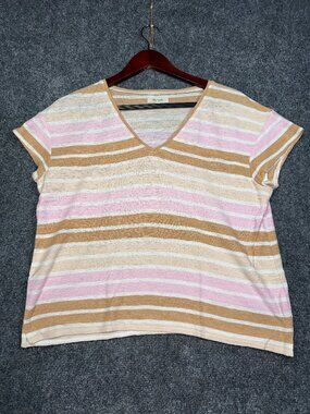 Madewell Top Womens Small Pink Brown Stripe Linen Tee V Neck Crop Cap Sleeve